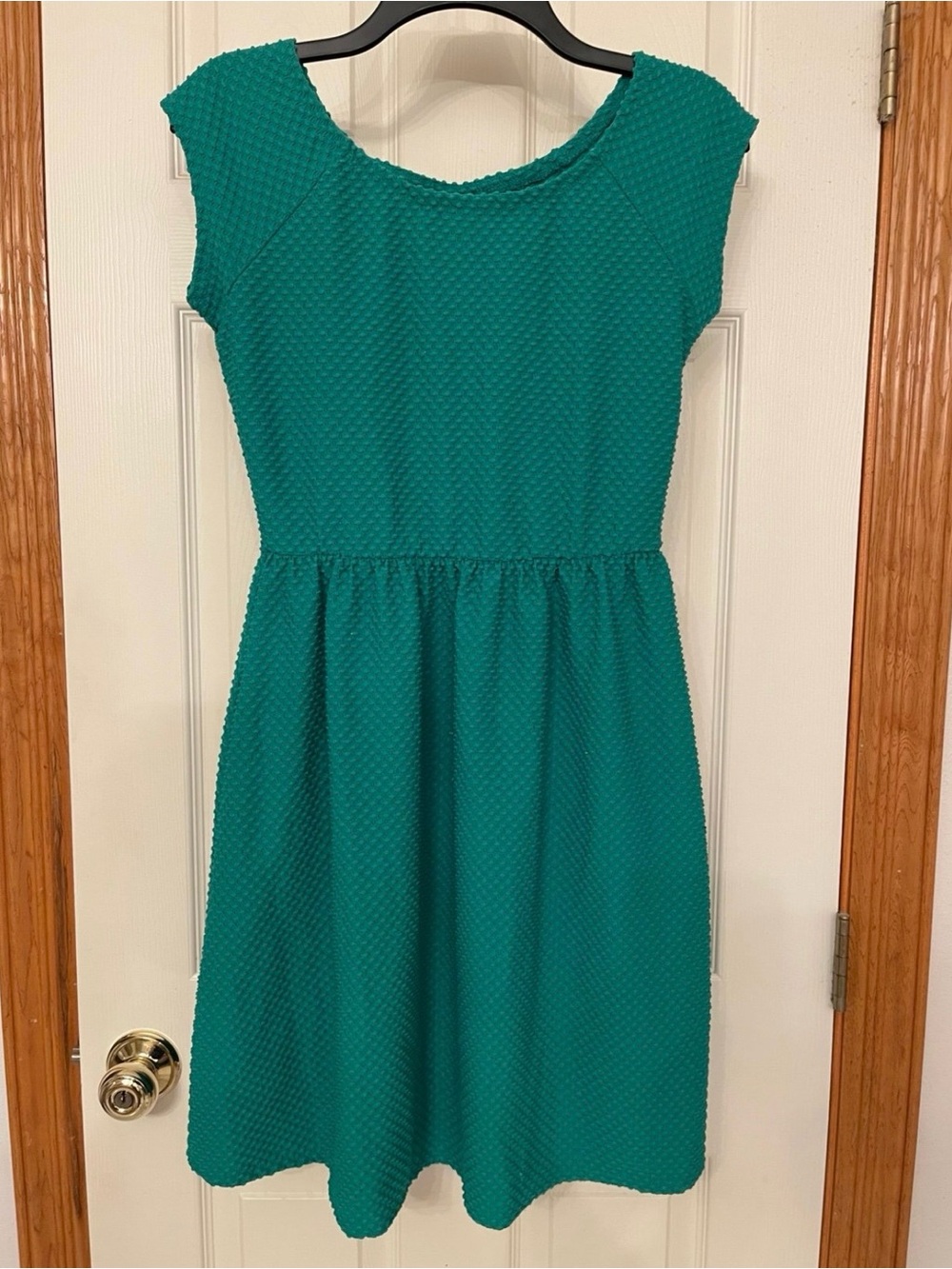 Textured Teal Cap-Sleeve Fit-and-Flare Dress Medium Xhiliration Green